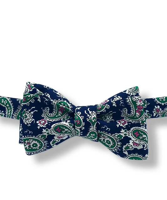 Yokono Navy Blue and Green Paisley Bow Tie